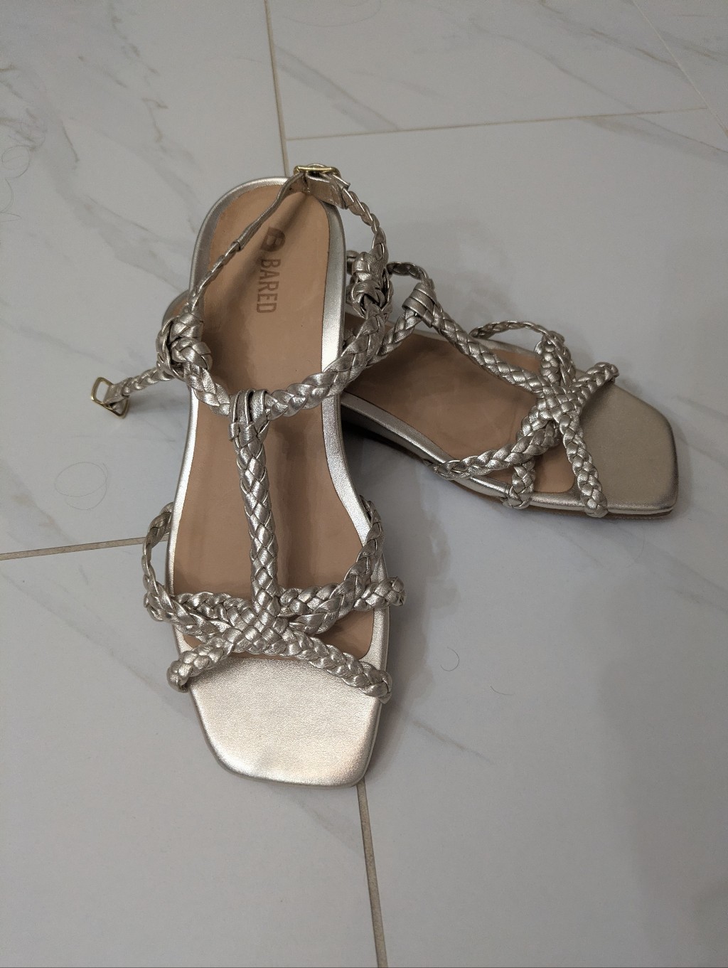 Bared Footwear - Metallic Gold Braided T-Strap Sandals — image 2 of 2